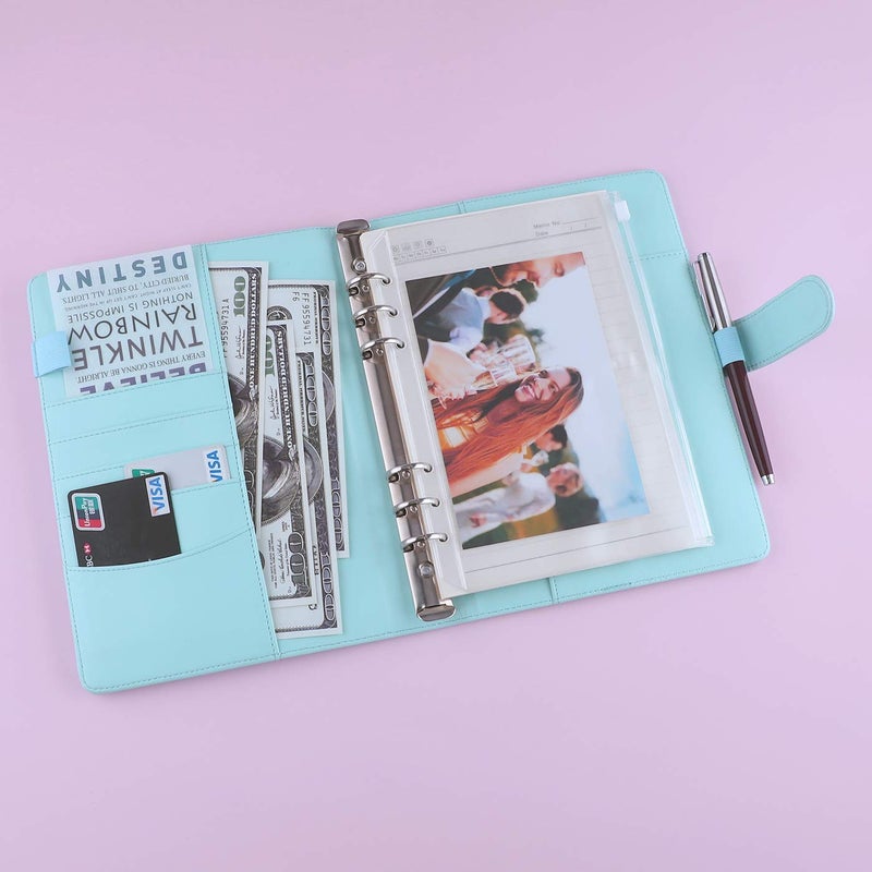 Antner A5 Notebook Binder 6 Ring Refillable Budget Planner Cover for Cash Organizer, PU Leather Loose Leaf Photocard Holder Aesthetic Binder with Magnetic Buckle for A5 Planner Inserts, Mint Blue - Image 3